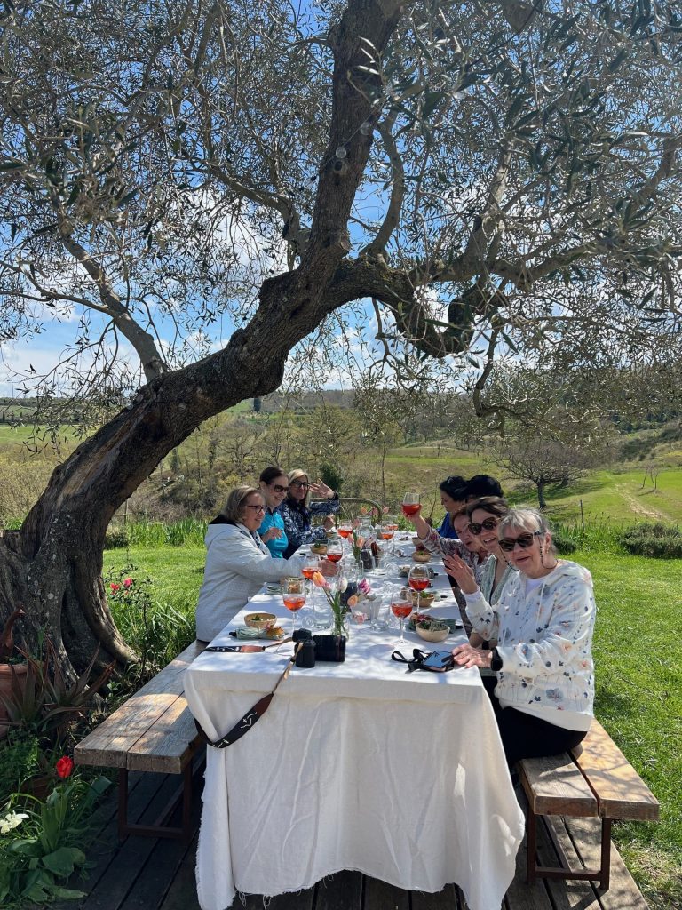 Numenvia guests enjoying lunch under a centuries-old olive tree at Puscina Flower Farm