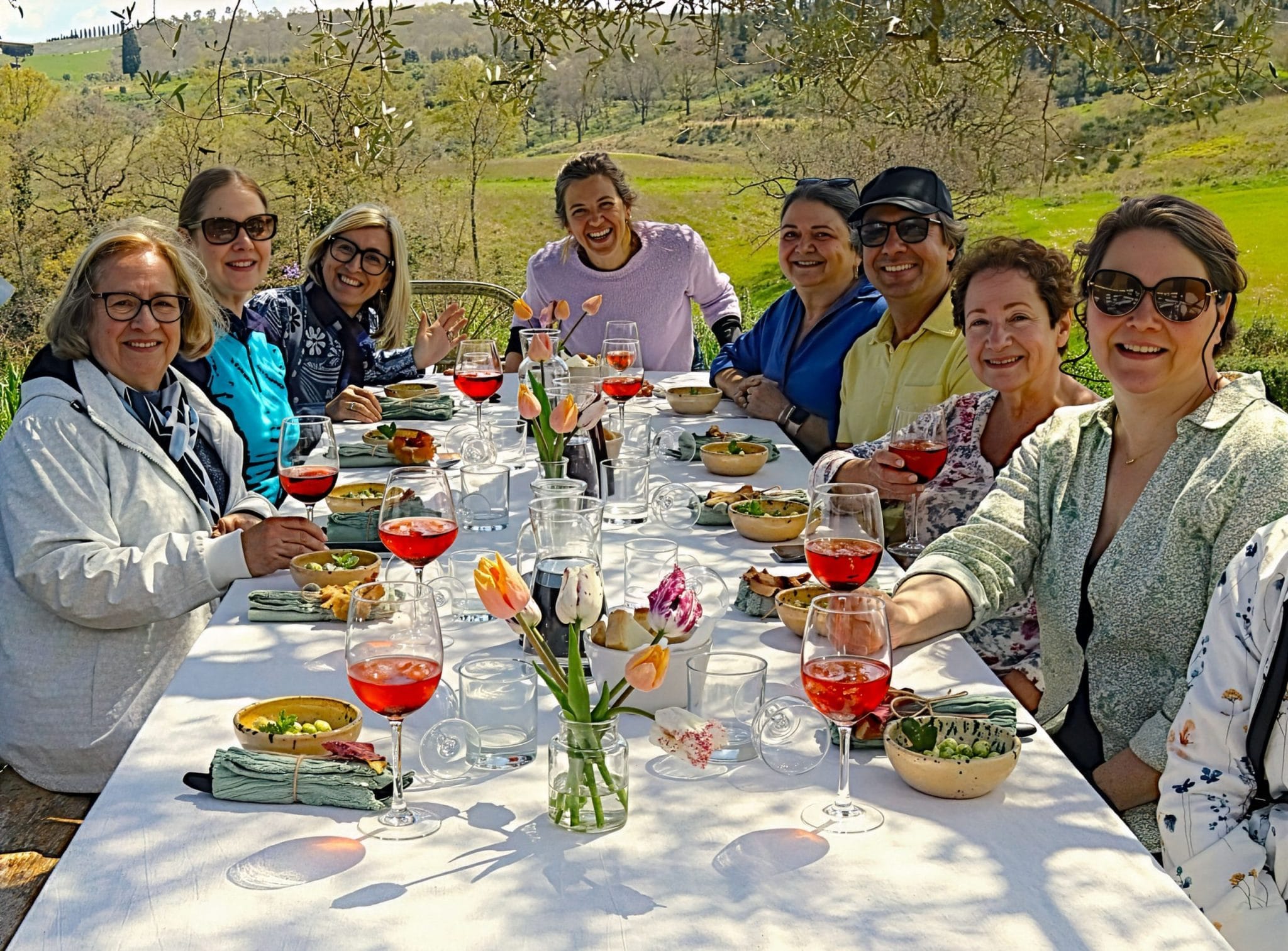 Lunch under the olive tree at Puscina flower farm, Val d'Orcia