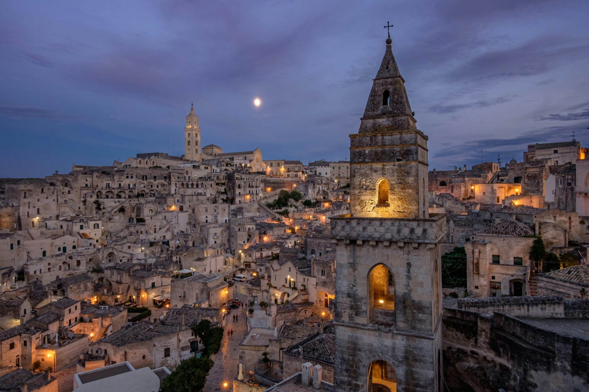 Ancient stone streets and buildings of Matera in Basilicata at dusk