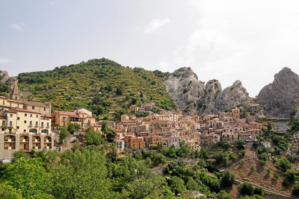 The village of Castelmezzano clinging to the sandstone pinnacles of the Dolomiti Lucane