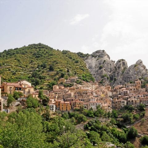 The village of Castelmezzano clinging to the sandstone pinnacles of the Dolomiti Lucane