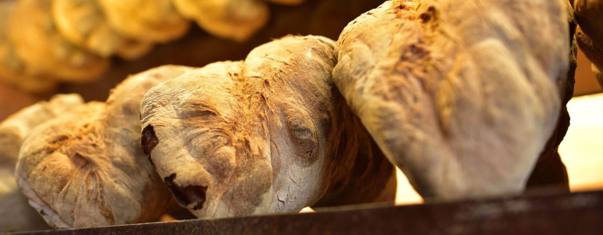 Loaves of traditional Pane di Matera bread inside Il Forno di Gennaro bakery in Matera