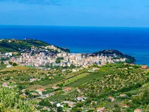 View of Maratea town on the Gulf of Policastro with the Tyrrhenian Sea beyond