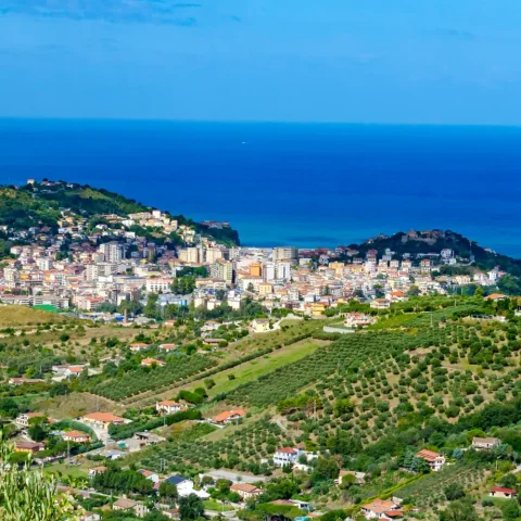 View of Maratea town on the Gulf of Policastro with the Tyrrhenian Sea beyond