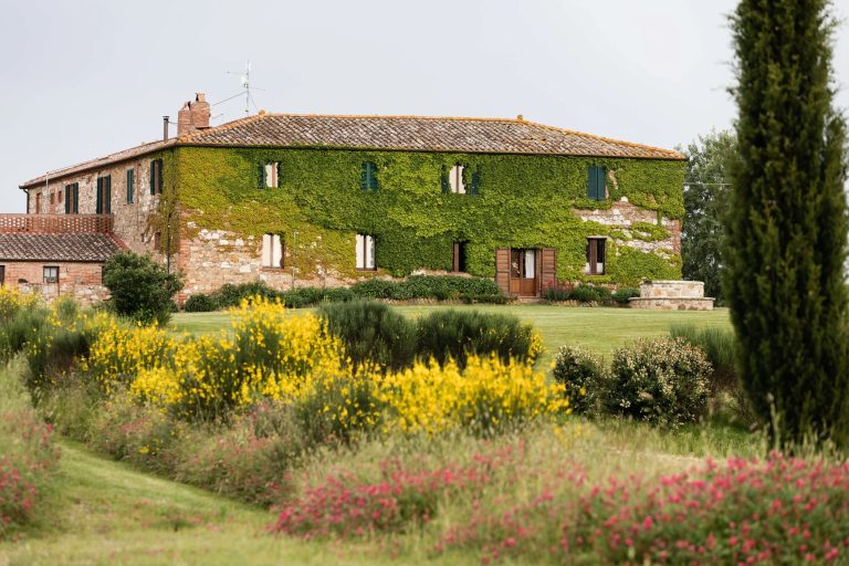 Ivy-covered farmhouse of Agriturismo Il Rigo with colorful garden in Val d'Orcia