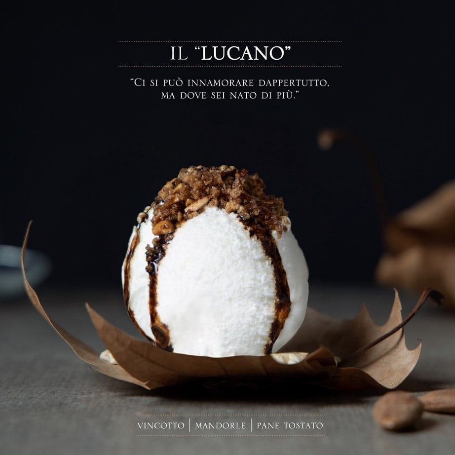 Acheruntino gelato with vin cotto, toasted almonds, and Matera bread by Pina Caruso at Gelateria Caruso