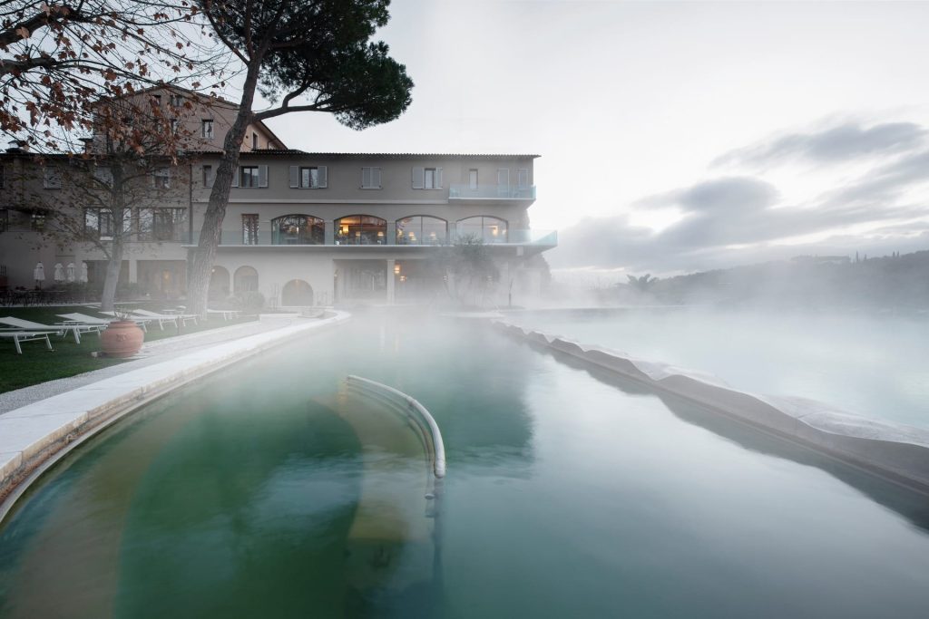 Steam rising from the thermal pool at Hotel La Posta, Bagno Vignoni