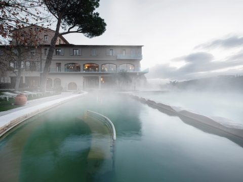 Steam rising from the thermal pool at Hotel La Posta, Bagno Vignoni