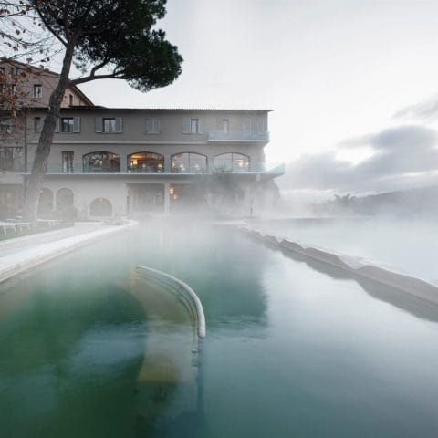 Steam rising from the thermal pool at Hotel La Posta, Bagno Vignoni