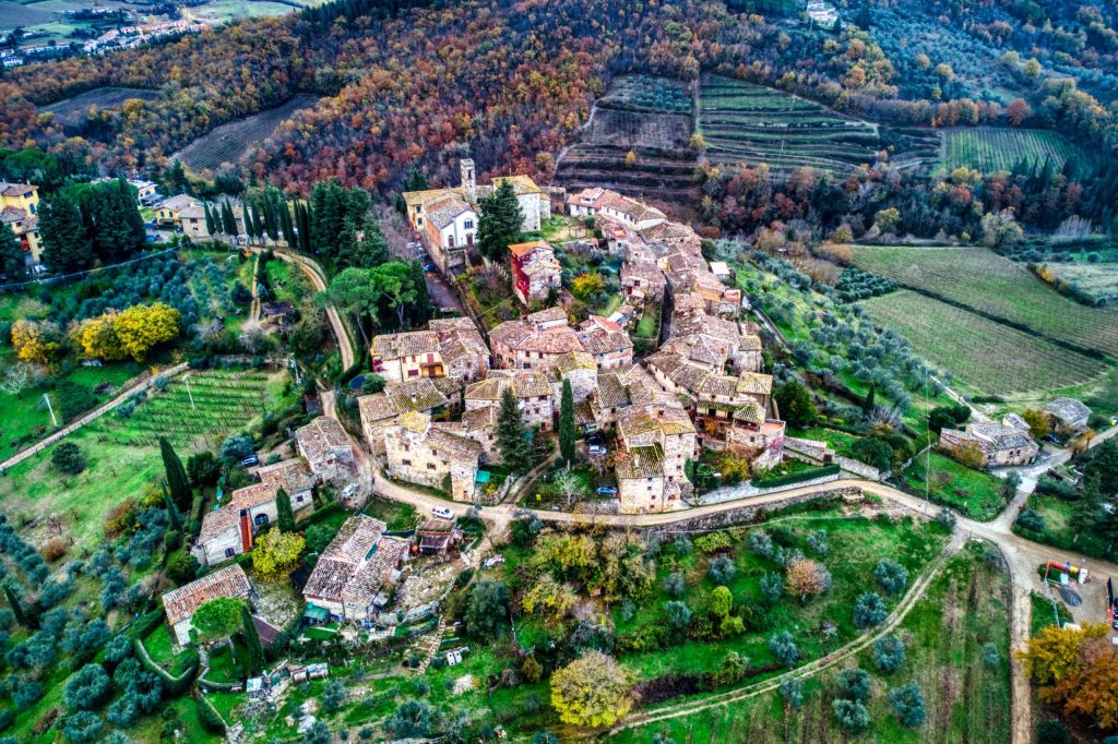Panoramic view of Montefioralle village in the Chianti hills