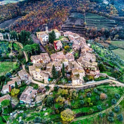 Panoramic view of Montefioralle village in the Chianti hills