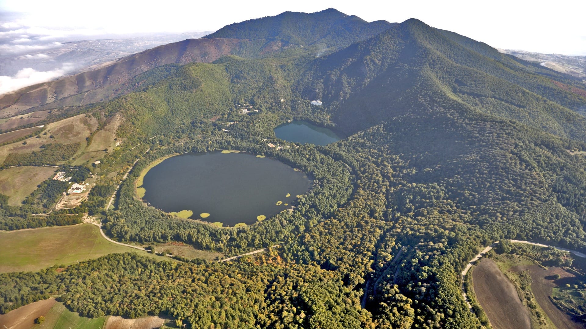 Panoramic view of the Monticchio Lakes in the crater of Monte Vulture