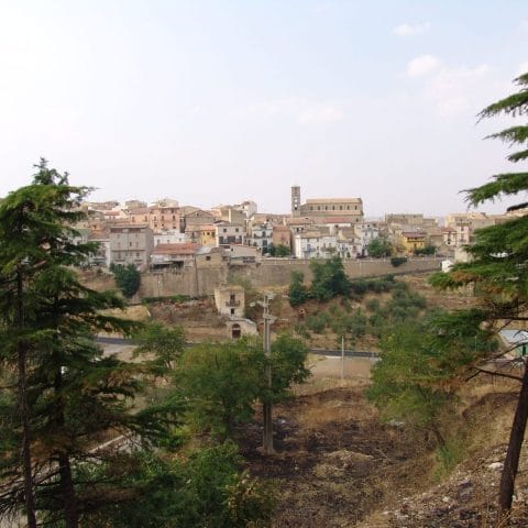 Panoramic view of the town of Palazzo San Gervasio with surrounding trees in Basilicata