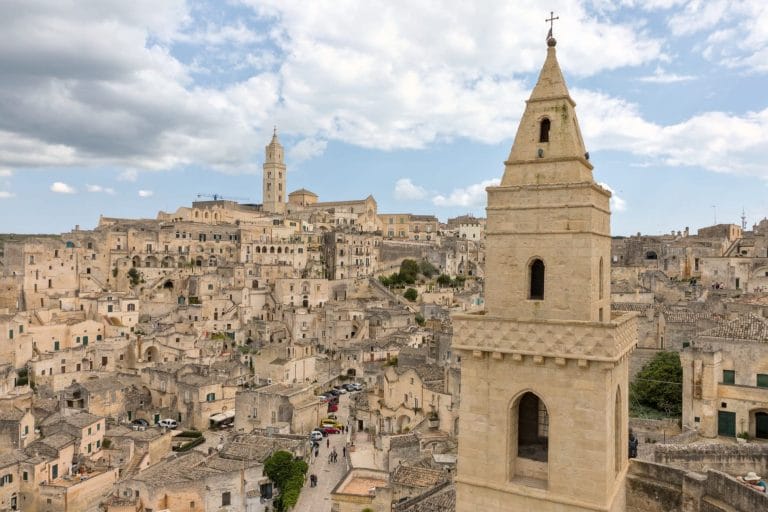 Panoramic view of Matera's cave dwellings and historic buildings
