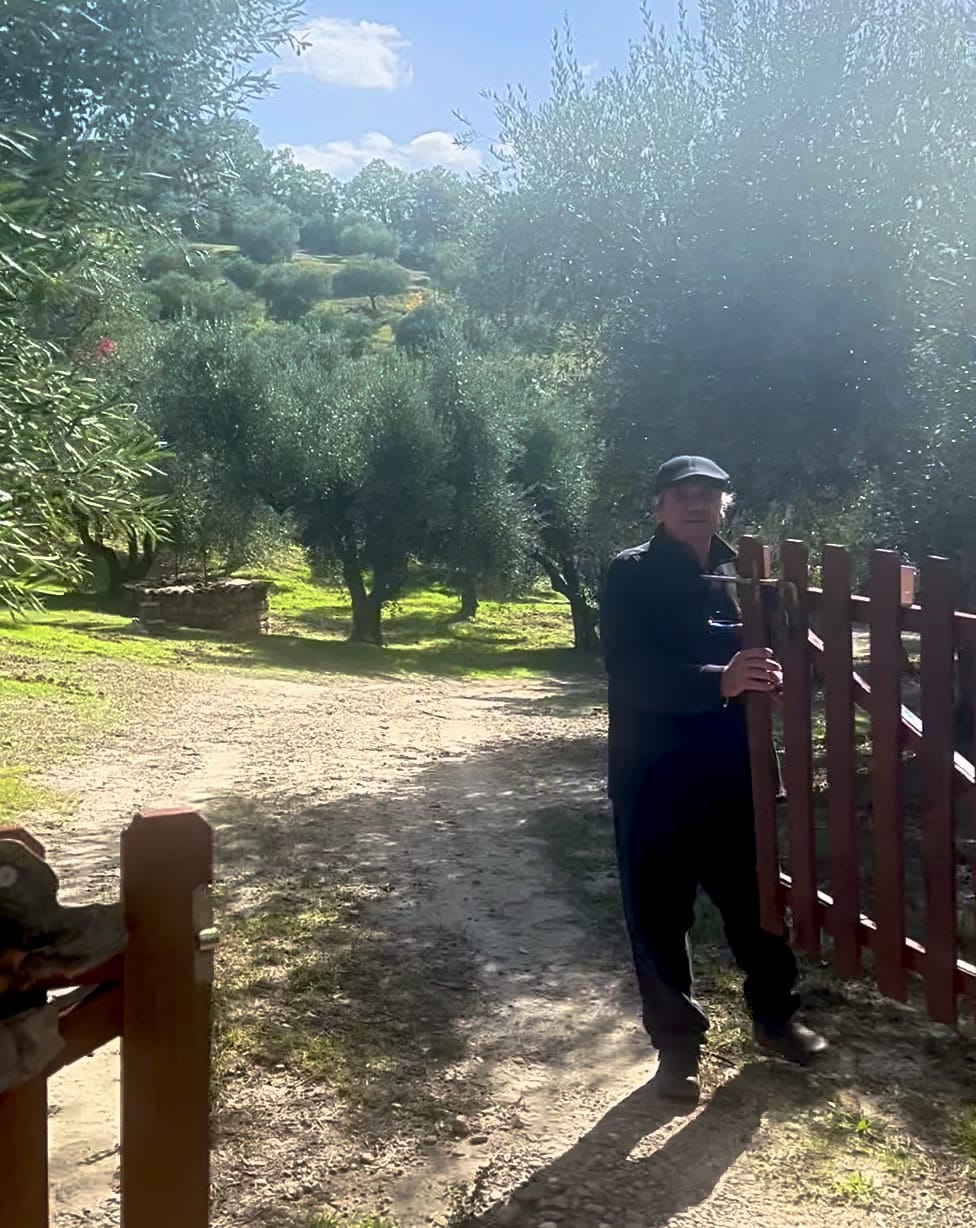 A man at the wooden gate to the ancient olive grove at Mantenera