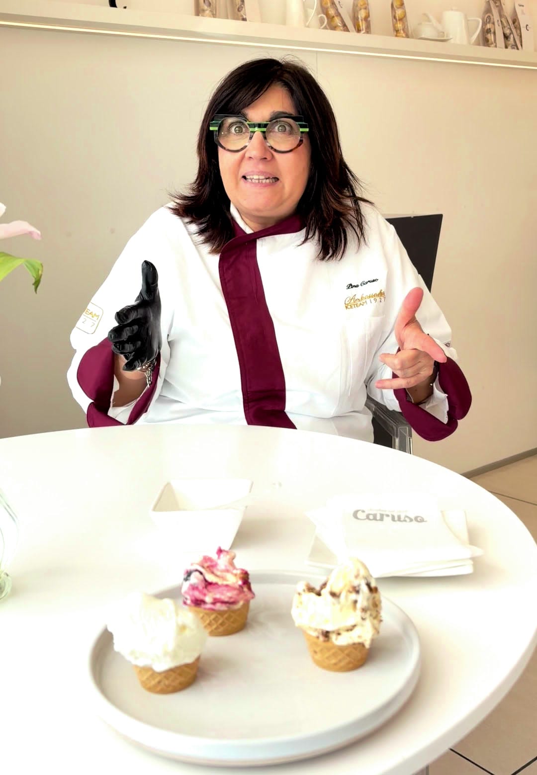 Pina Caruso talking passionately about her gelato at a tasting table